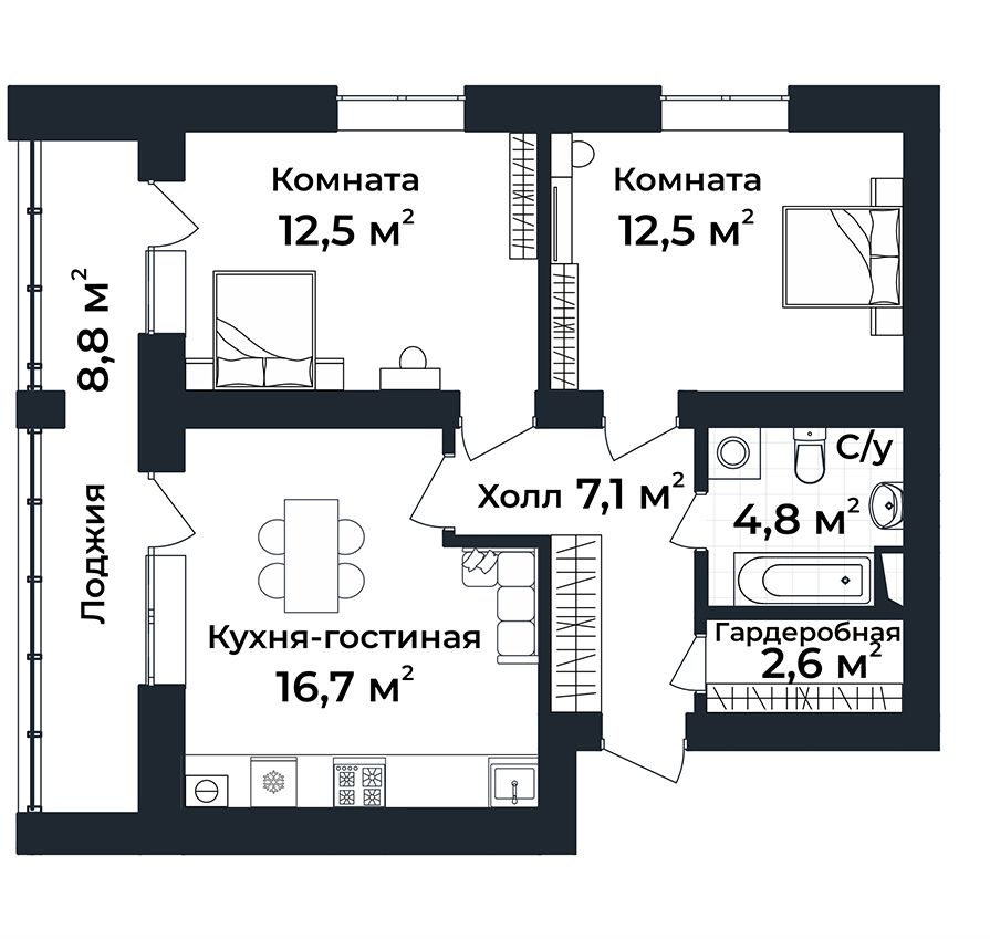 2-к квартира №26, 1 этаж