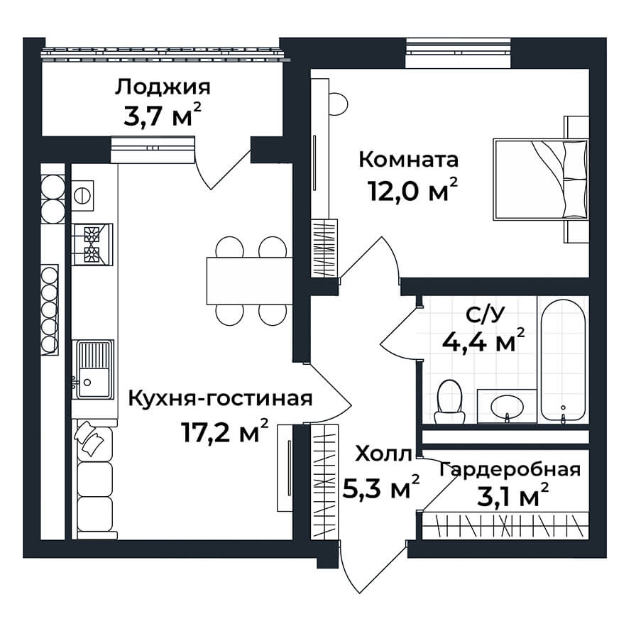 1-к квартира №1, 1 этаж