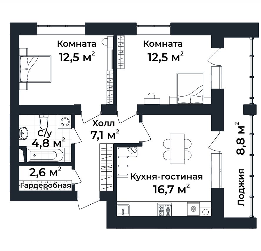 2-к квартира №2, 1 этаж