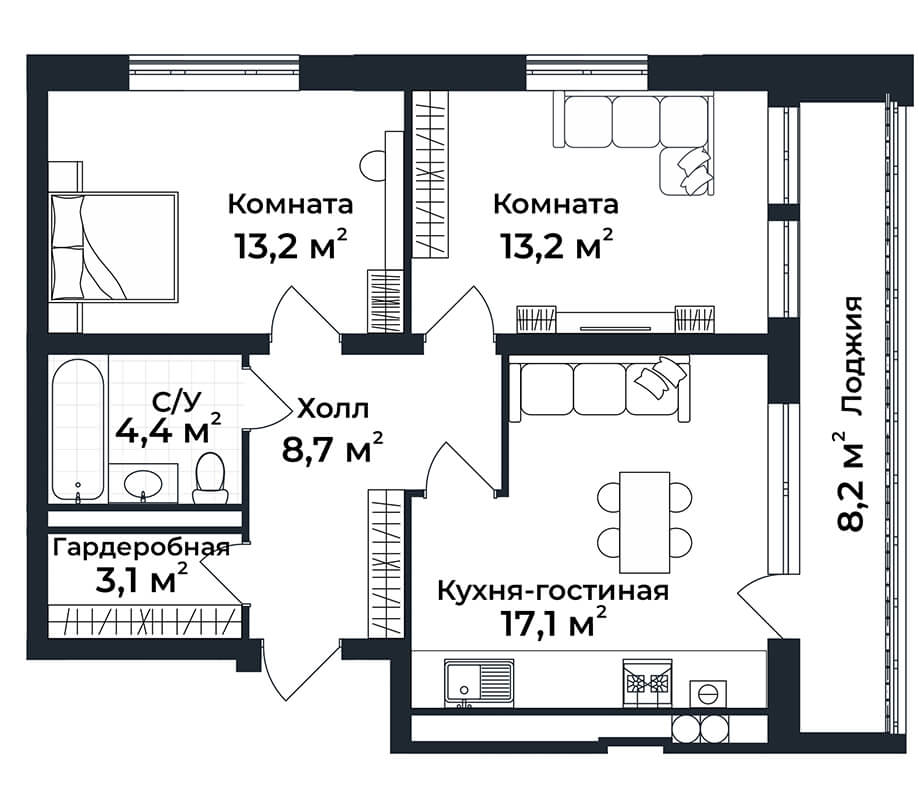 2-к квартира №8, 2 этаж