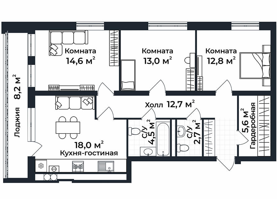 3-к квартира №6, 1 этаж