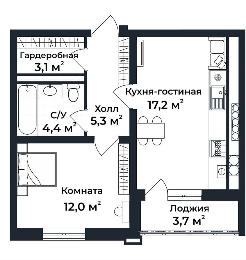1-к квартира №3, 1 этаж