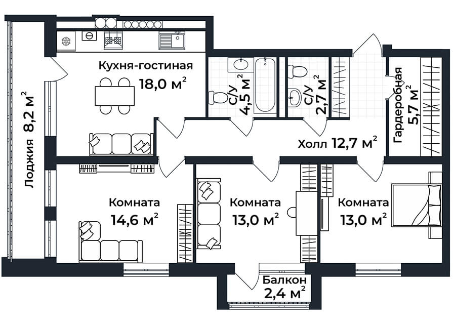 3-к квартира №12, 2 этаж