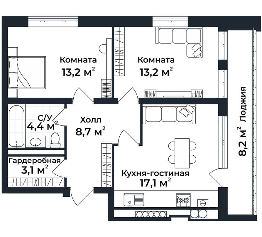 2-к квартира №1, 1 этаж