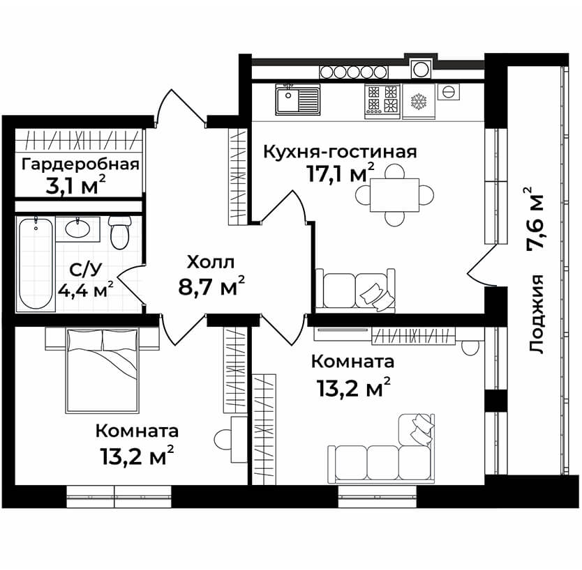 2-к квартира №6, 1 этаж