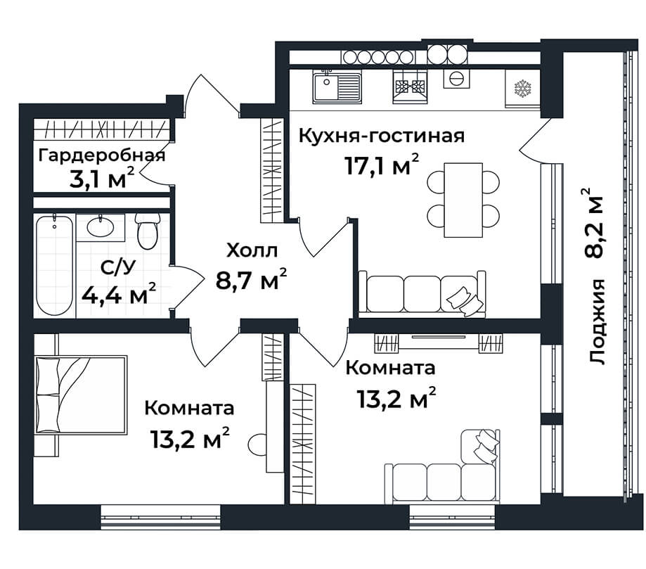 2-к квартира №3, 1 этаж
