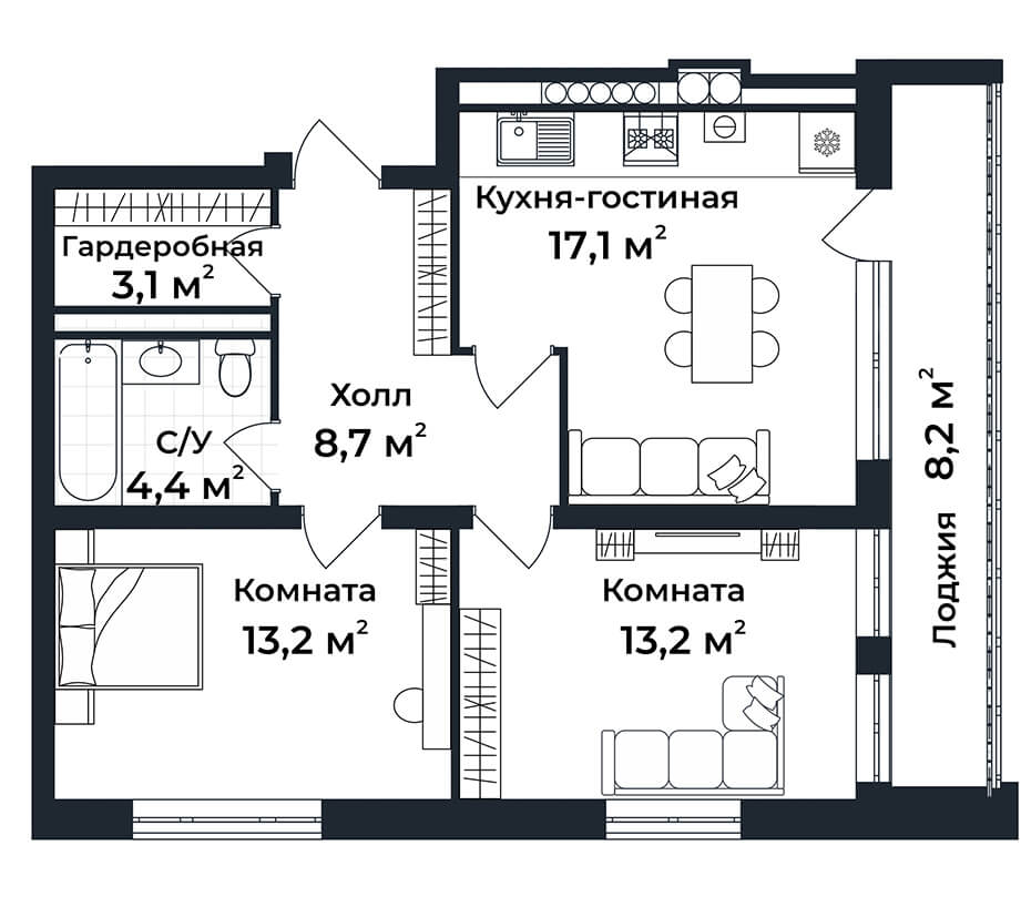 2-к квартира №2, 1 этаж