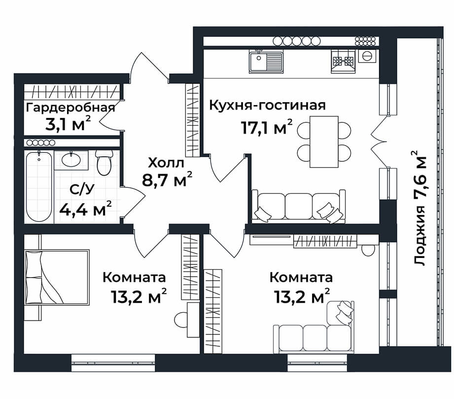 2-к квартира №3, 1 этаж