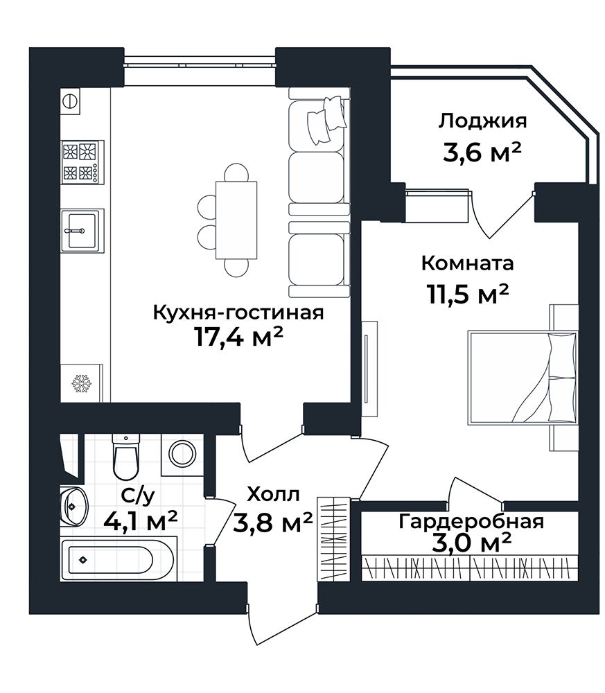 1-к квартира №22, 1 этаж
