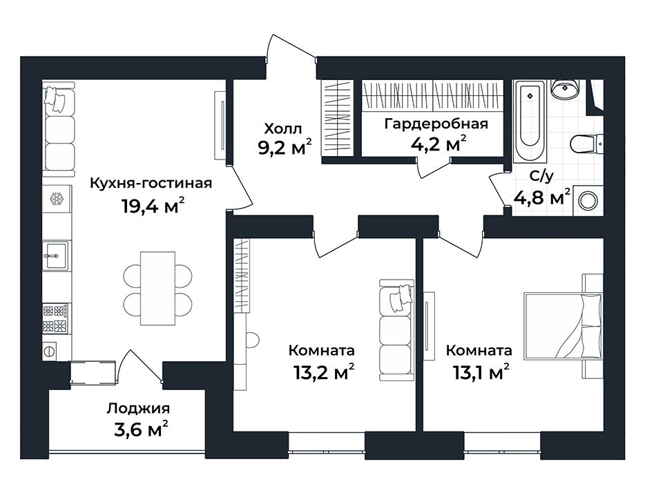 2-к квартира №4, 1 этаж