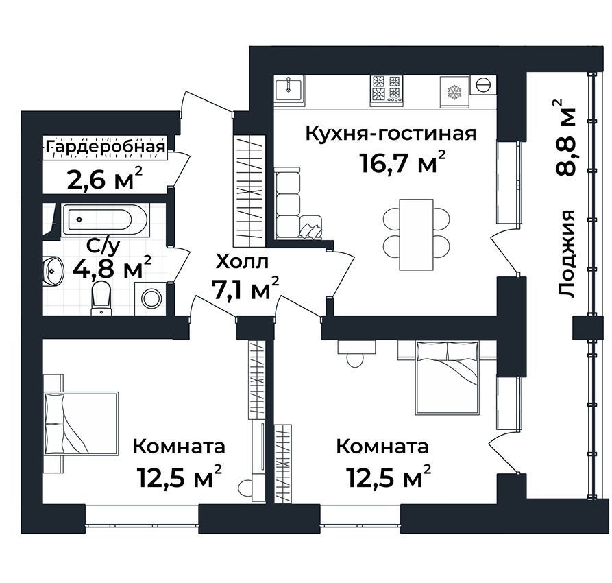 2-к квартира №3, 1 этаж