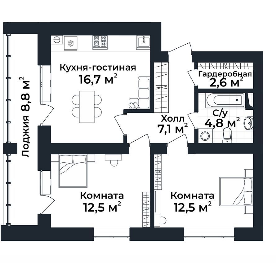 2-к квартира №25, 1 этаж